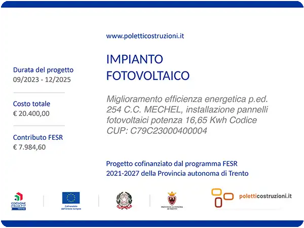 Pannello Fotovoltaico - Miglioramento efficienza energetica p.ed. 254 C.C. MECHEL